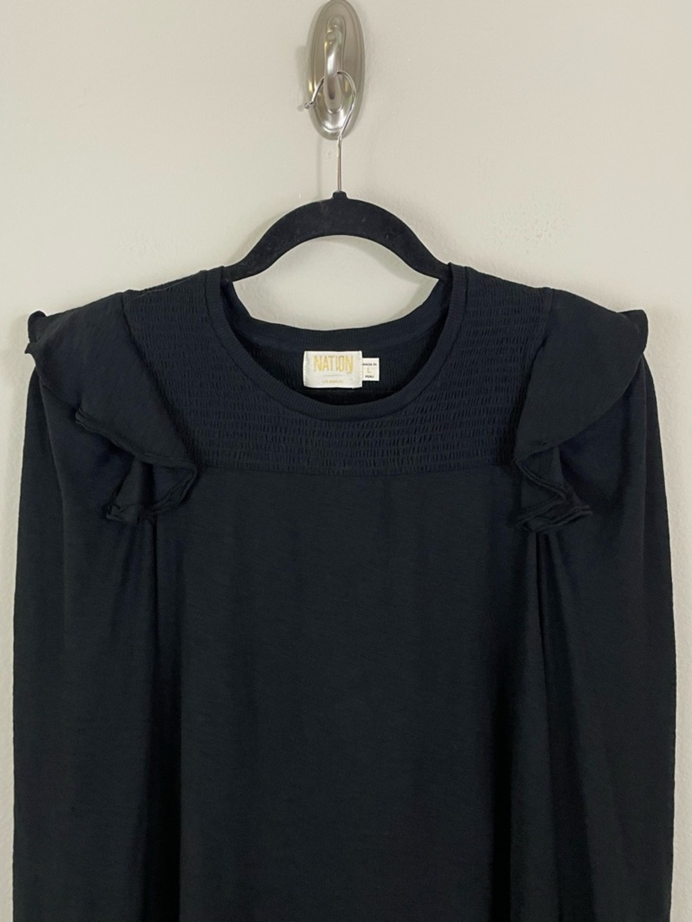 Nation LTD Black Ruffle Shoulder Long-Sleeve Top Size Large